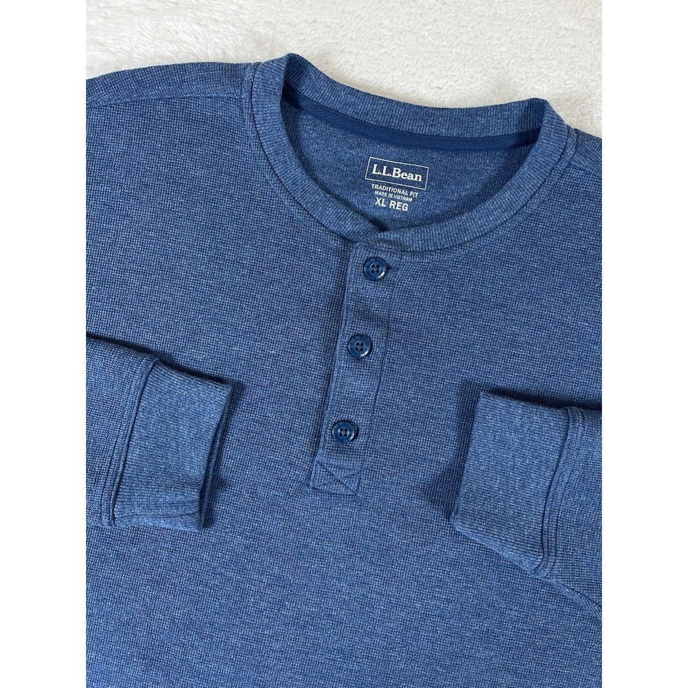 L.L. Bean 502224 Blue Waffle‎ Knit Long Sleeve Cotton Henley Shirt Men's XL Warm
